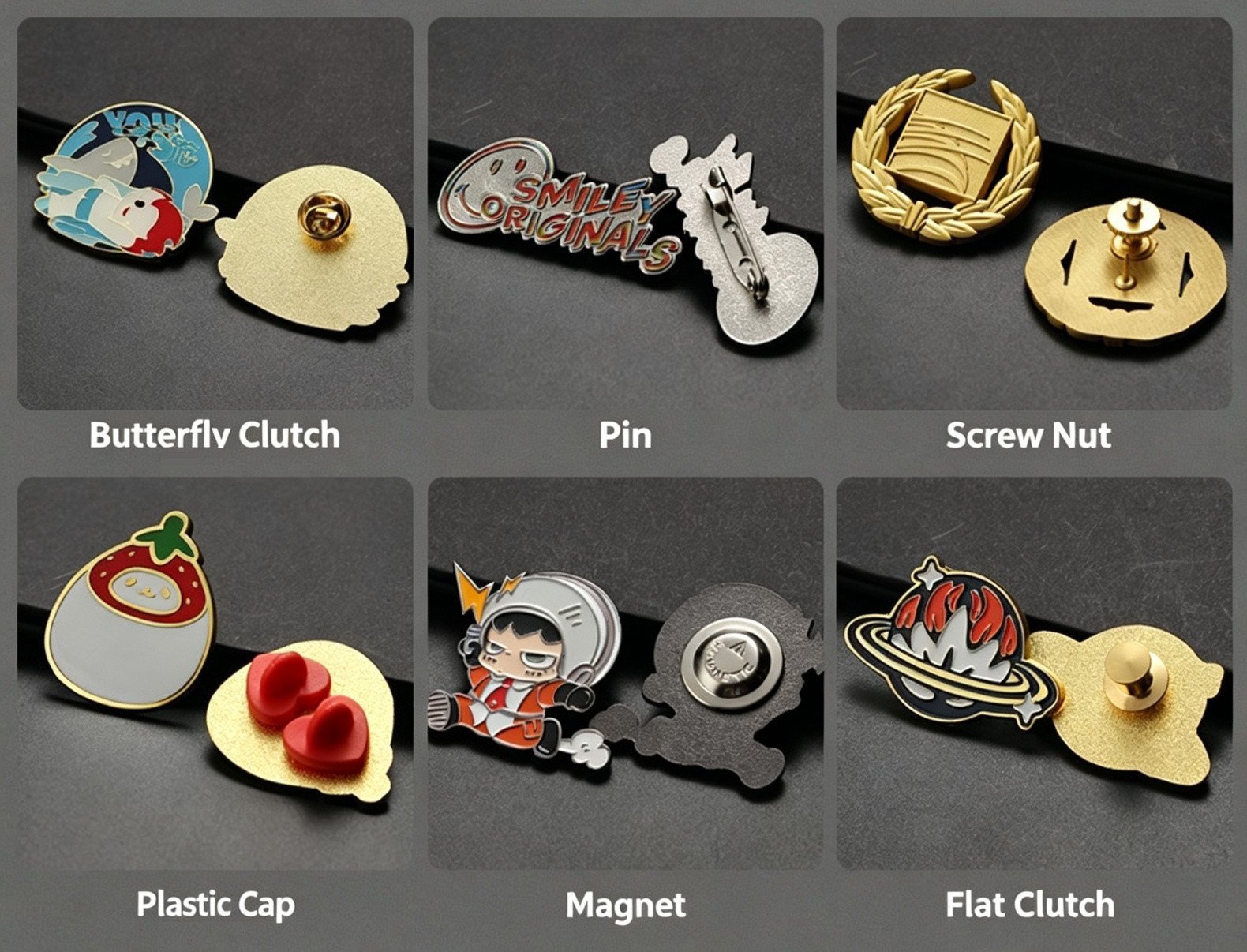 Six badge backing options: butterfly clutch, rubber pin, screw nut, plastic cap, magnet and flat clutch, shown with example badges