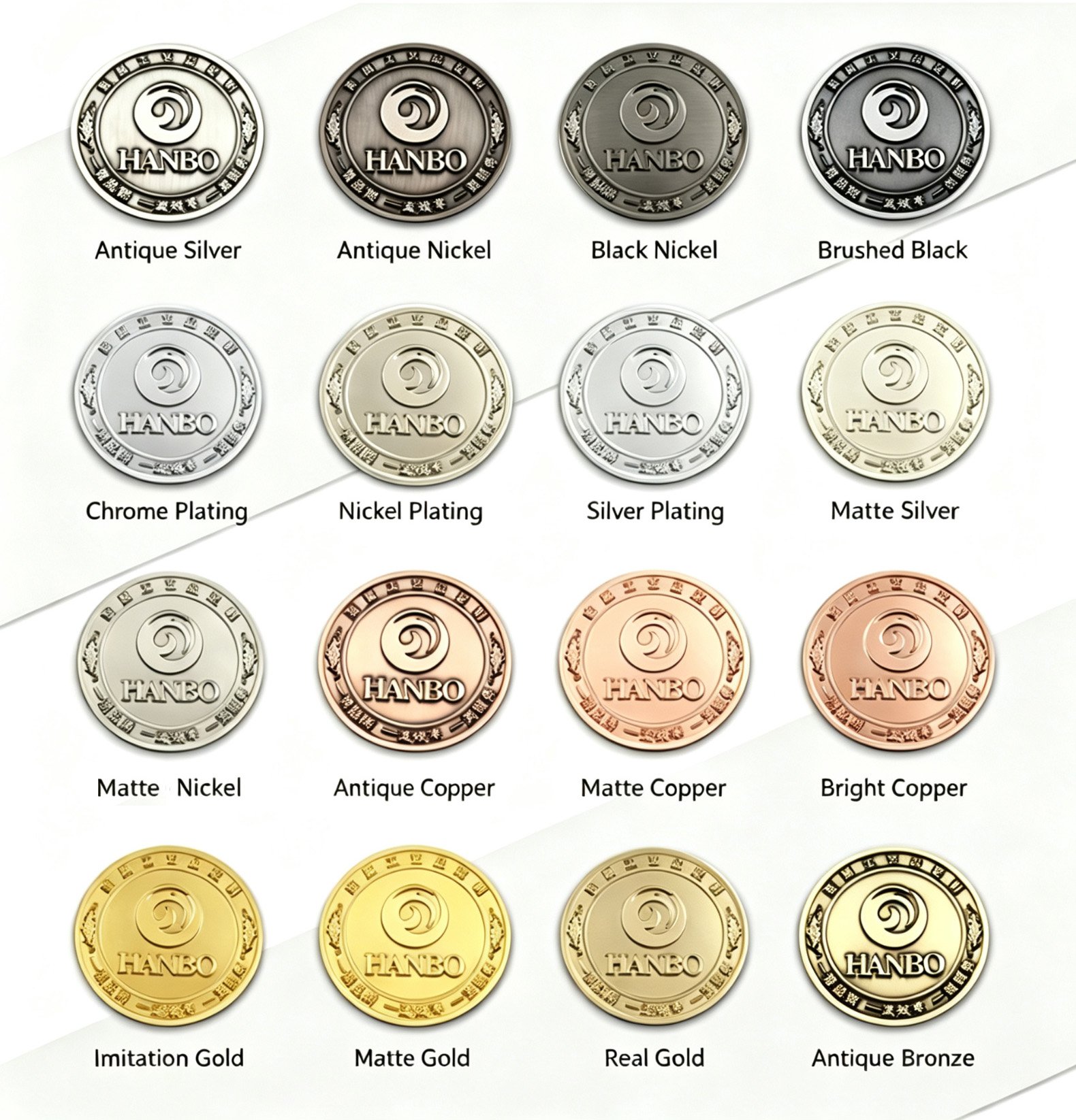 Plating colour chart with 16 finishes: antique silver, antique nickel, black nickel, brushed black, chrome, nickel, silver, matte silver, matte nickel, antique copper, matte copper, bright copper, imitation gold, matte gold, real gold and antique bronze
