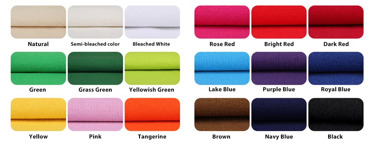 18 canvas fabric colour options: natural, semi-bleached, bleached white, rose red, bright red, dark red, green, grass green, yellowish green, lake blue, purple blue, royal blue, yellow, pink, tangerine, brown, navy blue and black