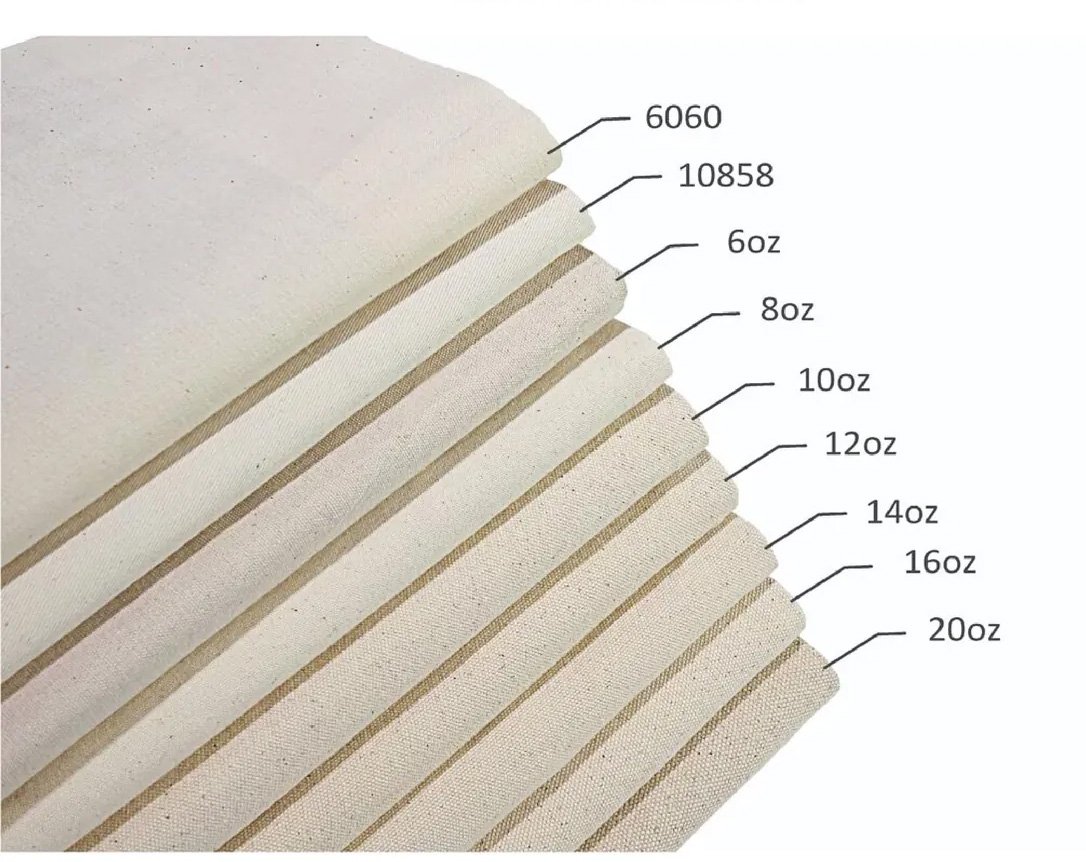 Canvas fabric thickness comparison: 6060, 10858, 6oz, 8oz, 10oz, 12oz, 14oz, 16oz and 20oz stacked from thin to thick