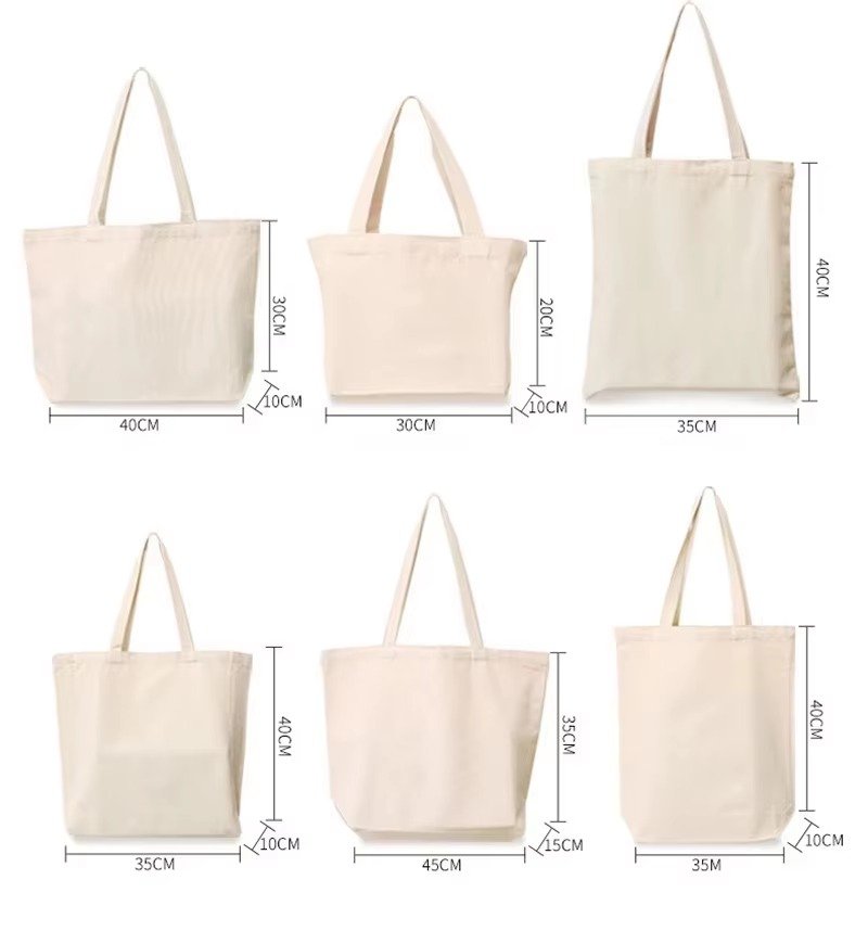 Canvas tote bag size chart: six standard sizes including 40×30×10 cm, 30×20×10 cm, 35×40 cm, 35×40×10 cm and 45×35×15 cm