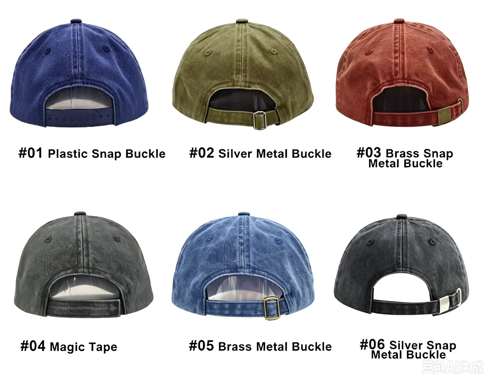 Six cap back closure options shown from behind: plastic snap buckle, silver metal buckle, brass snap metal buckle, magic tape, brass metal buckle and silver snap metal buckle