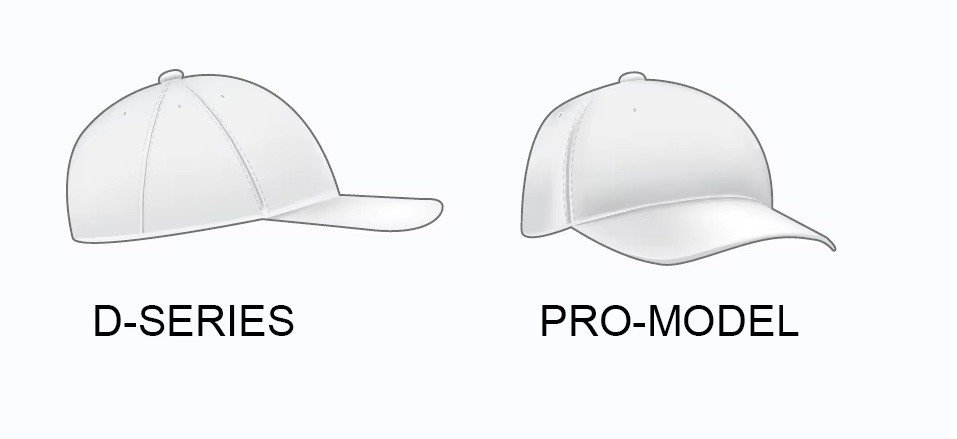 Cap crown shape options: D-series structured six-panel crown versus Pro-Model soft unstructured crown