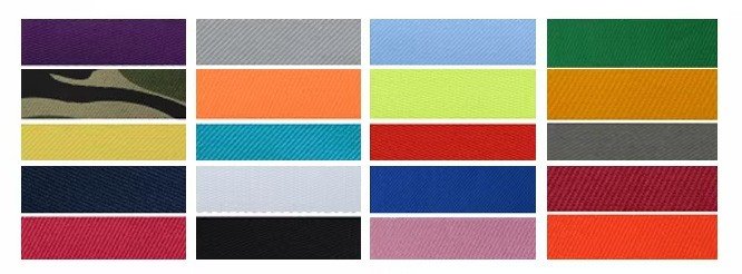 Twenty cap fabric colour swatches including purple, grey, light blue, green, camo, orange, lime, gold, yellow, teal, red, dark grey, navy, white, royal blue, maroon, pink, black, magenta and coral