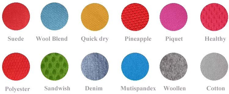 Twelve cap fabric swatches: suede, wool blend, quick dry, pineapple, piquet, healthy knit, polyester, sandwich mesh, denim, multispandex, woollen and cotton
