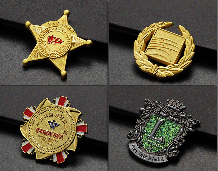 Die cast zinc alloy badge examples: 3D star medals, wreath crests and heraldic shields with deep relief