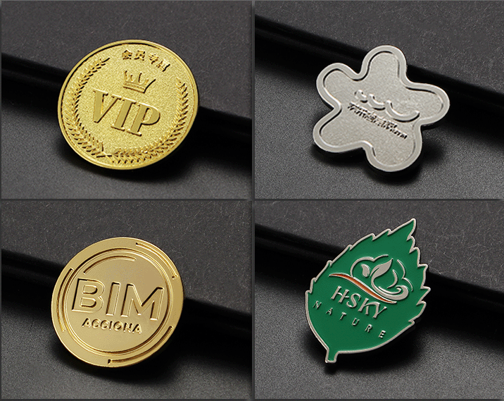 Die struck badge examples: gold and silver coins and logo pins with sculpted relief and no colour fill