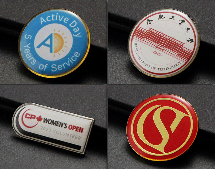Epoxy dome badge examples: printed corporate and university badges with a clear glossy dome coating