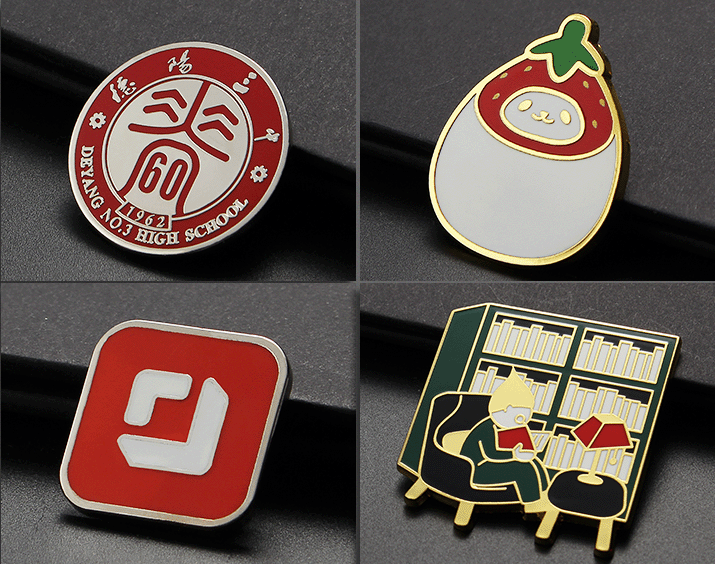 Hard enamel badge examples: school anniversary and illustration pins with polished flat colour surfaces