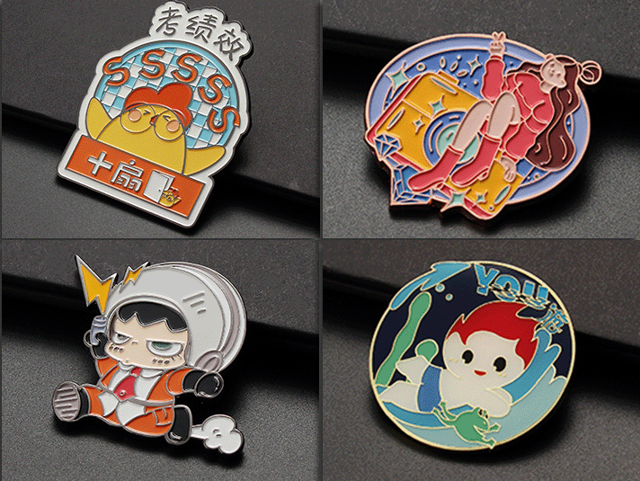 Soft enamel badge examples: colourful cartoon and mascot pins with raised gold, silver and black metal lines