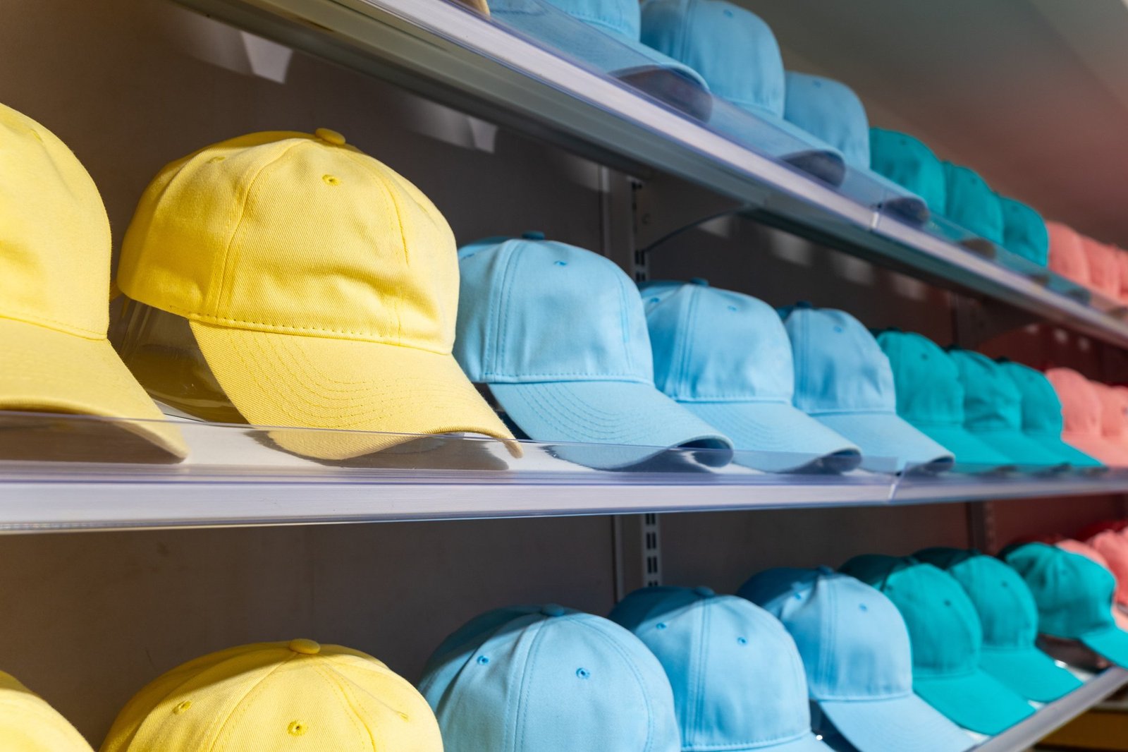 Rows of custom baseball caps in yellow, blue, teal and coral on retail shelves — six-panel and five-panel dad hats made to order