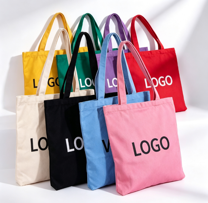 Custom canvas tote bags in nine colours — natural, black, pink, blue, red, purple, green and yellow — each printed with a logo