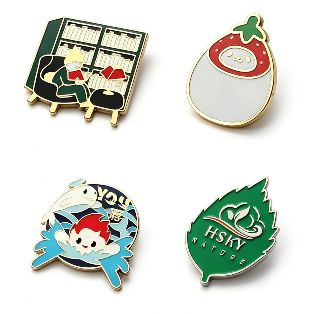 Custom enamel badge examples: bookshelf reader, strawberry, whale and leaf logo pins in soft and hard enamel with gold plating