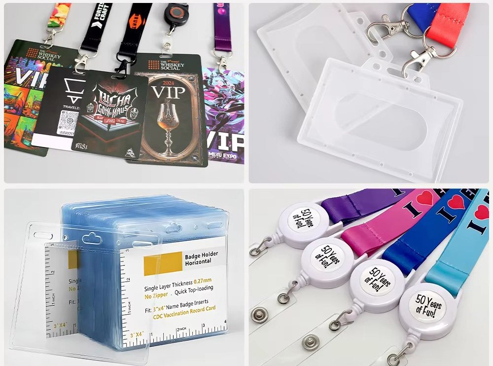 ID accessories: printed event badge inserts, clear PVC card holders and retractable badge reels attached to custom lanyards