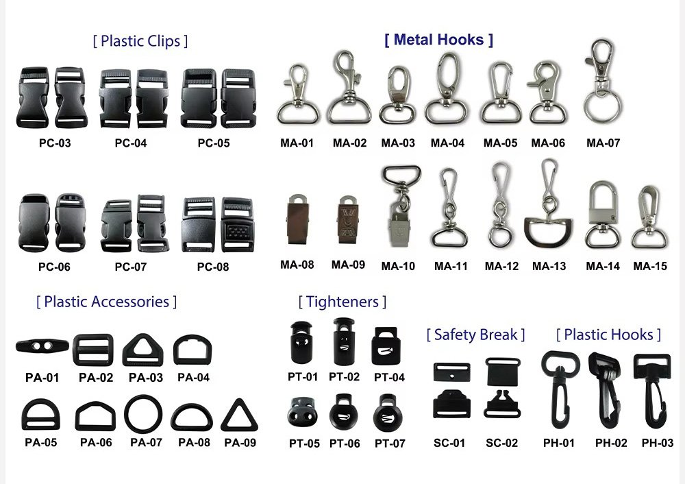 Lanyard attachment catalogue: plastic clips, metal hooks, plastic accessories, tighteners, safety breakaway connectors and plastic hooks with model codes
