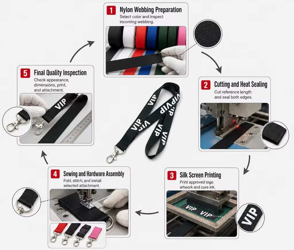 Custom lanyard manufacturing process in five steps: nylon webbing preparation, cutting and heat sealing, silk screen printing, sewing and hardware assembly, final quality inspection