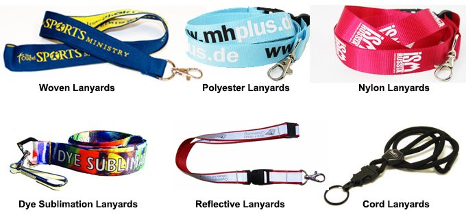Six lanyard material types: woven lanyards, polyester lanyards, nylon lanyards, dye sublimation lanyards, reflective lanyards and cord lanyards