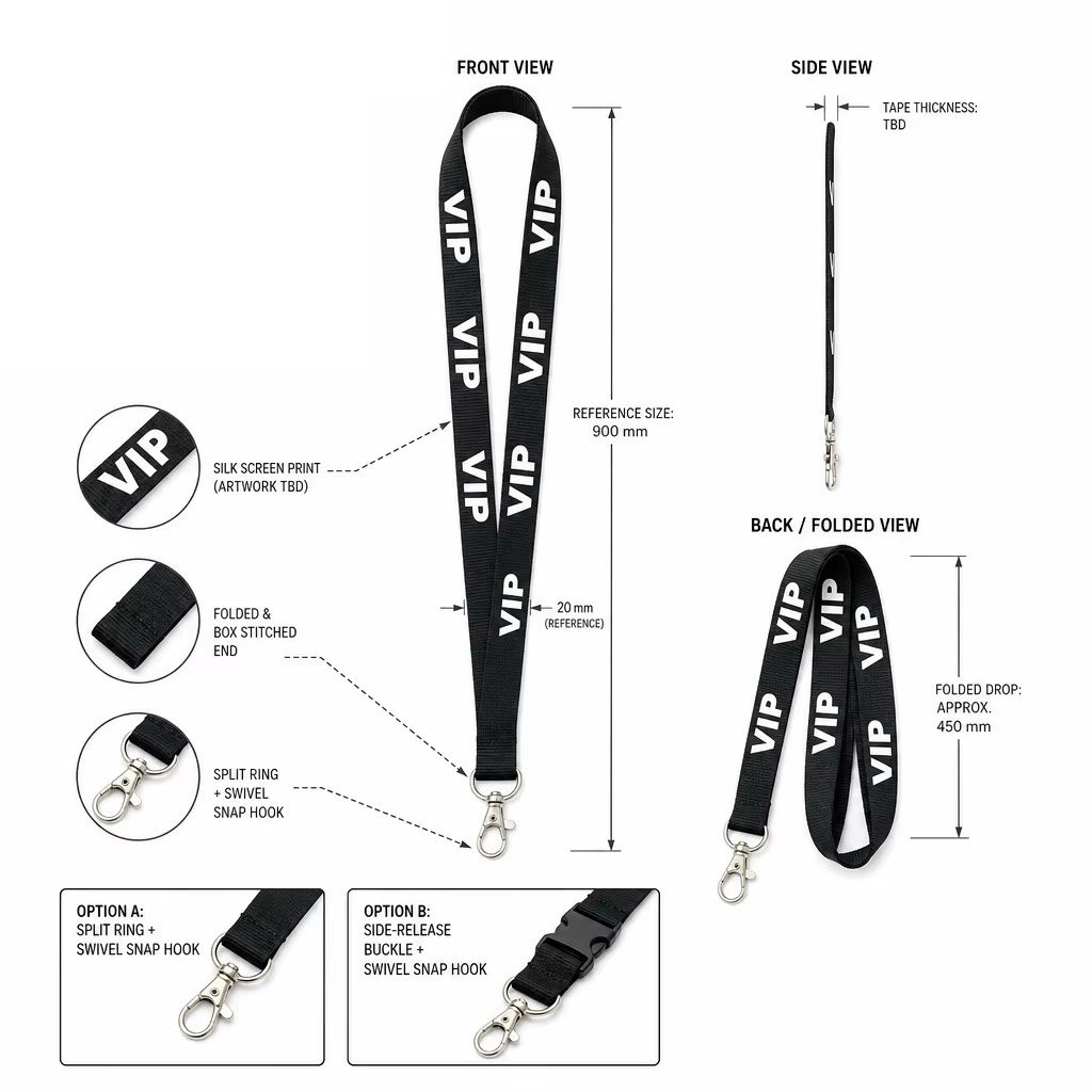 Custom lanyard size diagram: front view with 900 mm reference length and 20 mm width, side view of tape thickness, back folded view with 450 mm drop, silk screen print and box-stitched end details, Option A split ring snap hook and Option B side-release buckle