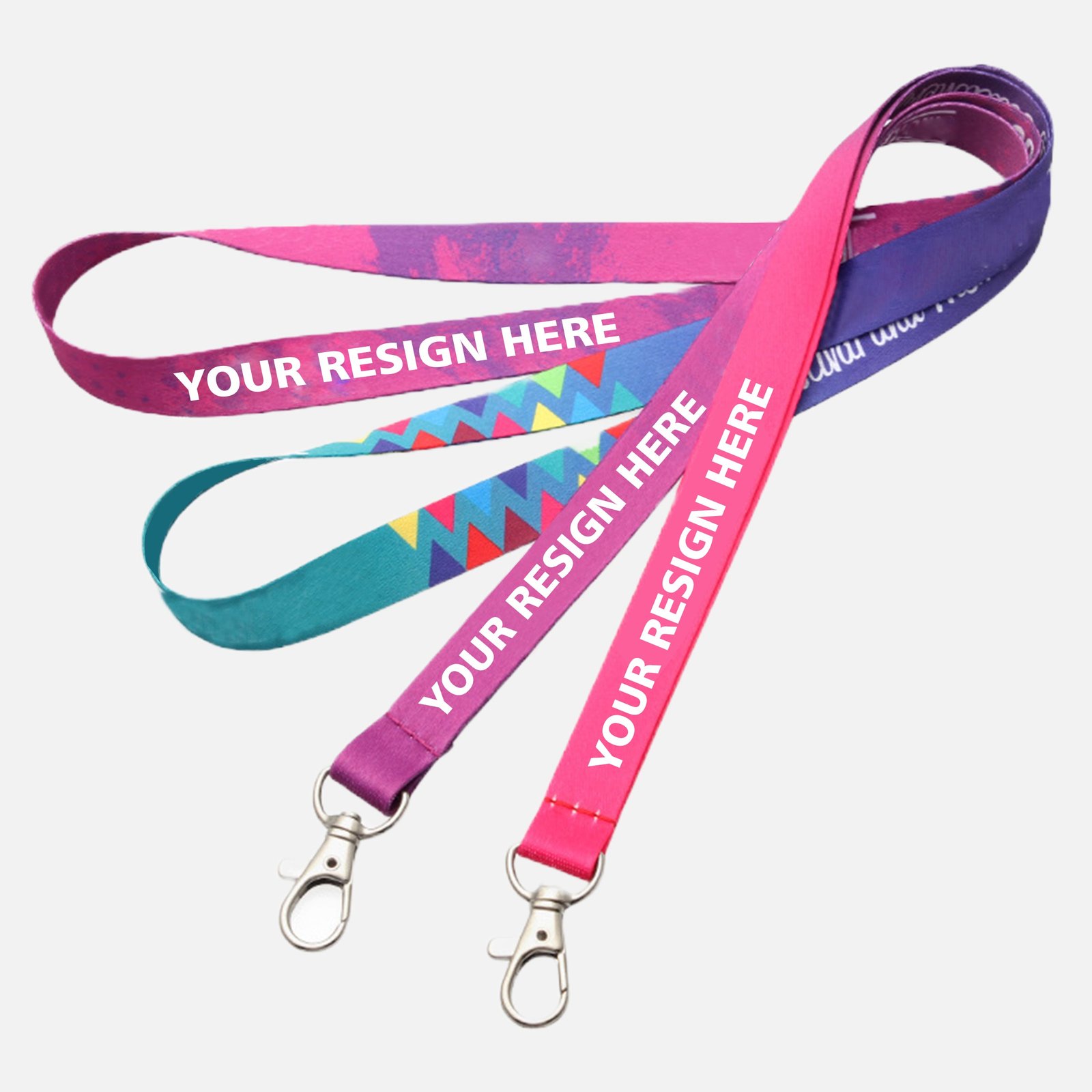 Custom printed lanyards in pink, purple and teal with YOUR DESIGN HERE placeholder artwork and metal swivel snap hooks