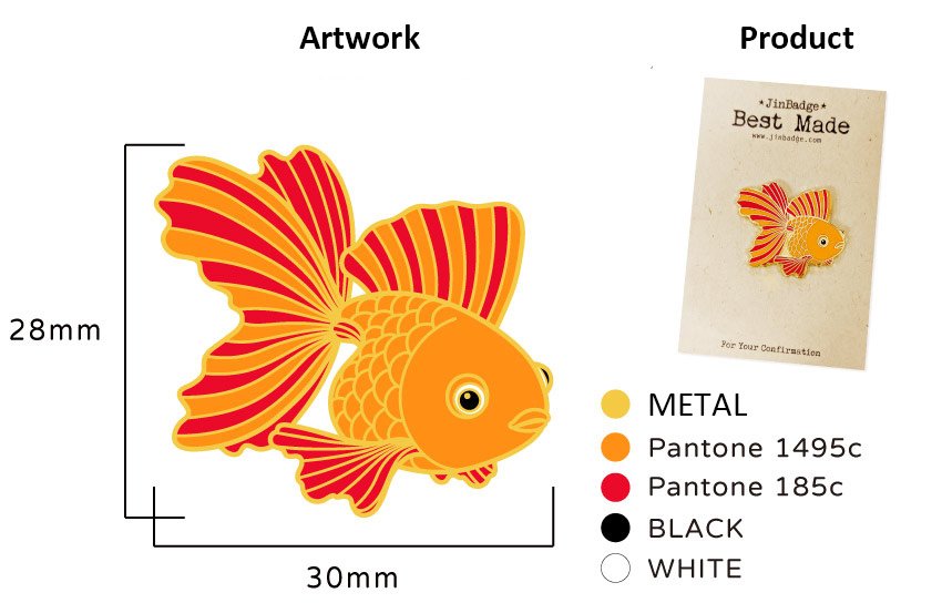 Artwork versus finished product: a 30 mm goldfish enamel pin with Pantone 1495c and 185c colour callouts mounted on a printed backer card