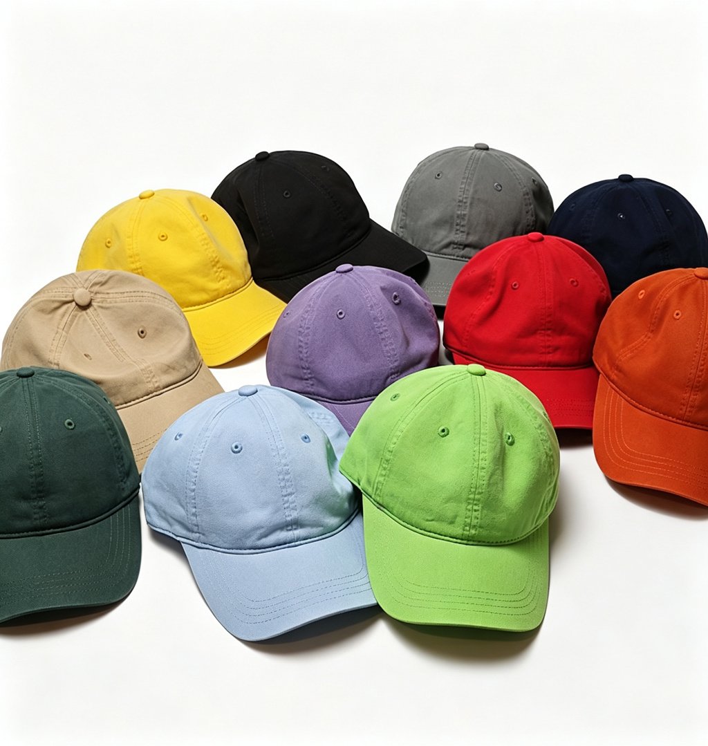 Custom embroidered baseball caps in assorted colours and sizes