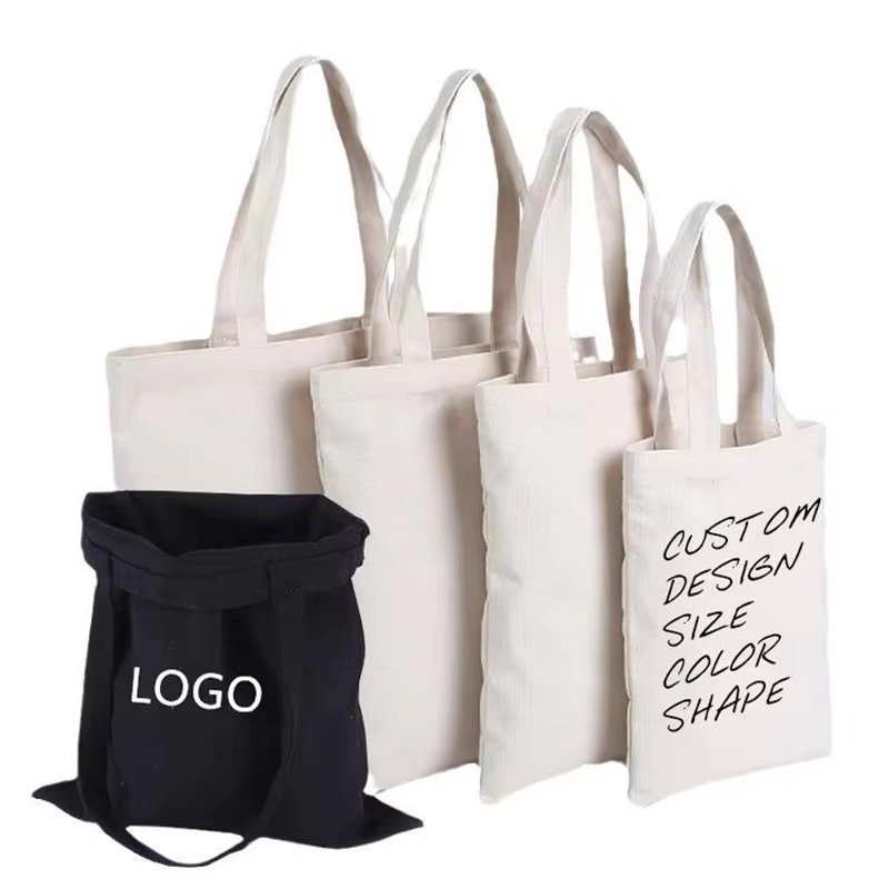 Custom cotton canvas tote bags in multiple sizes with logo printing